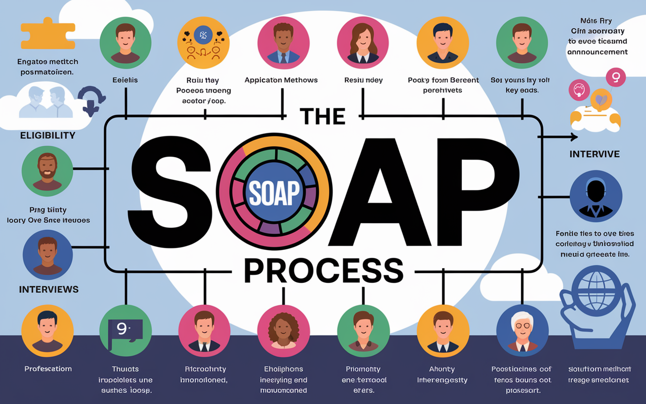 An infographic-style visual explaining the SOAP process, showcasing a timeline of the 4-day duration post-match announcement. Various icons represent eligibility, application methods through ERAS, and interviews, arranged in a visually engaging layout. The background is bright and professional, conveying clarity and structure, with vibrant colors to emphasize key points.