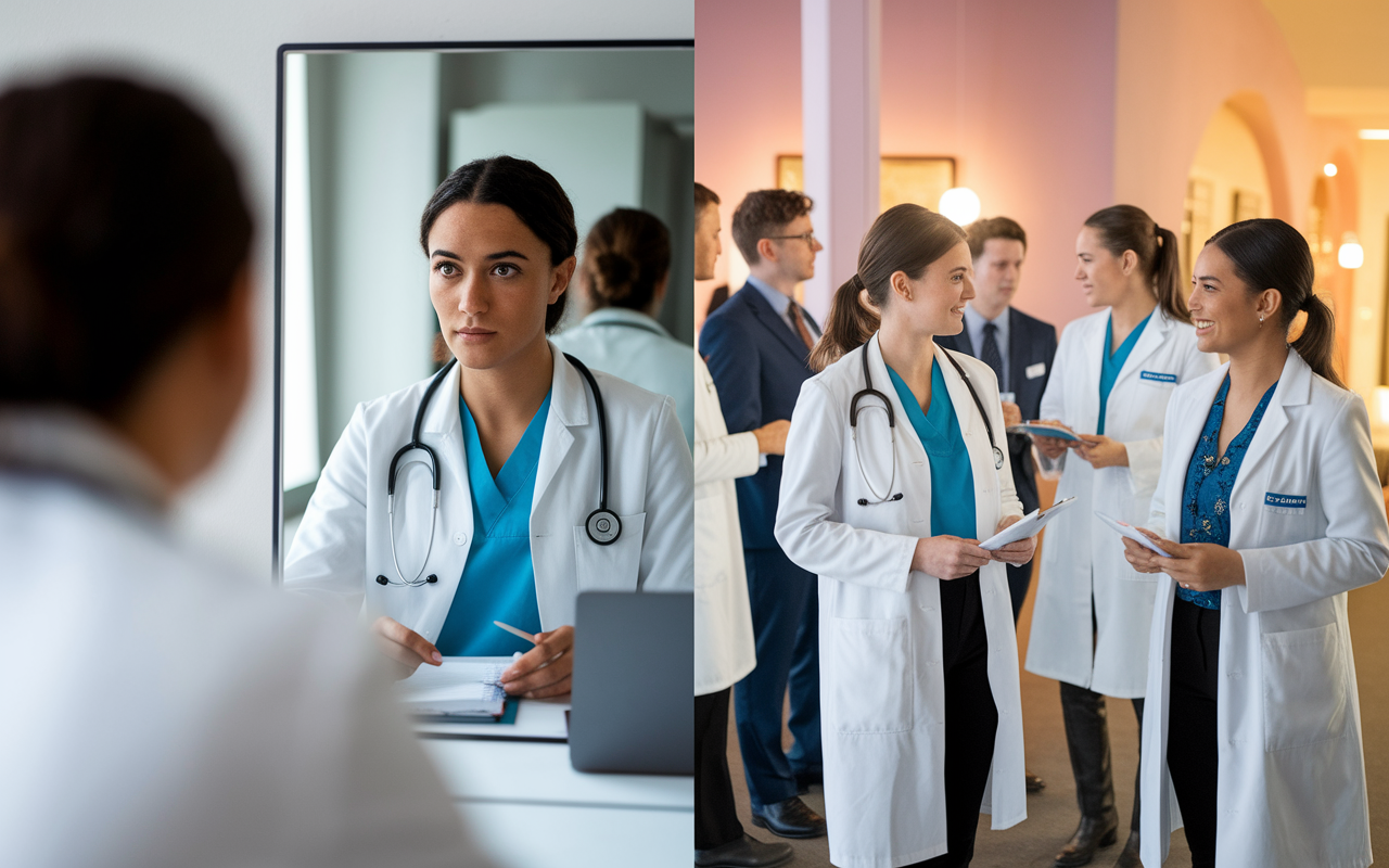 A split image featuring two scenes. On one side, a young medical professional practices interview responses in front of a mirror, with notes and a laptop on a table nearby. On the other side, a professional networking event where medical students are interacting with current residents and program directors. The contrasting setting highlights the importance of preparation and networking, with soft, inviting lighting in a warm color palette.