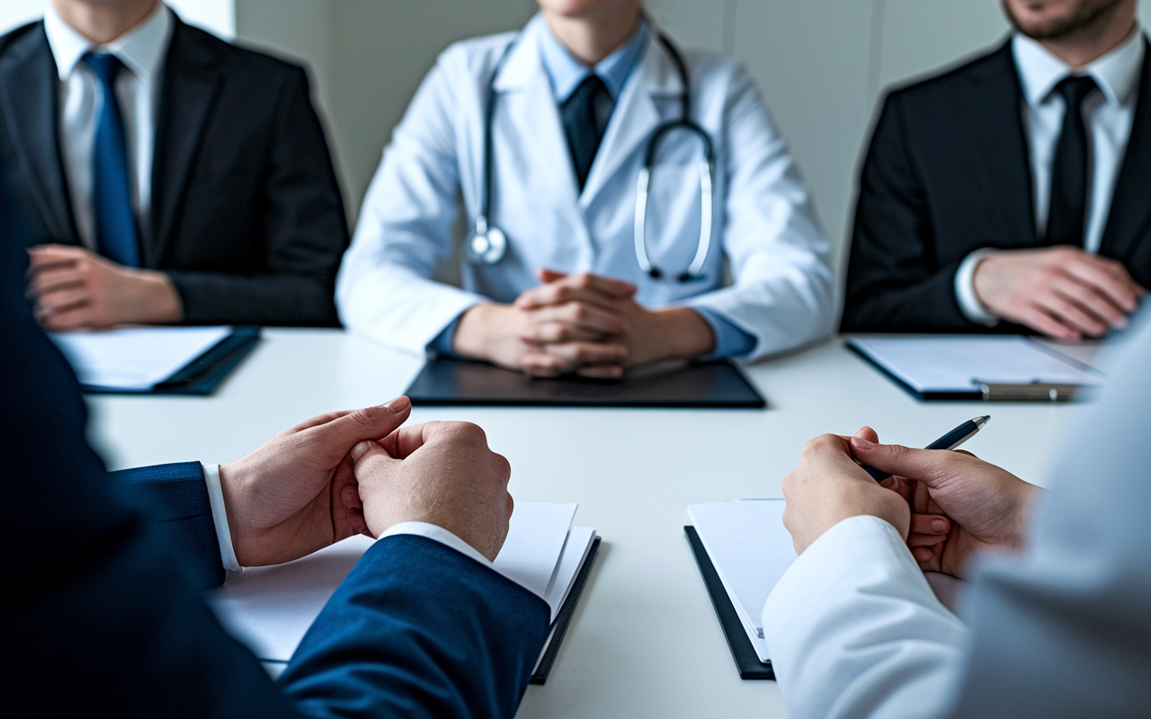 A close-up scene of a medical candidate during an interview, sitting confidently in front of a panel of interviewers. The room is well-lit, showcasing expressions of engagement from both the candidate and the interviewers, displaying an atmosphere of professionalism. Papers and a laptop are neatly arranged on the table, emphasizing a formal interview setting.