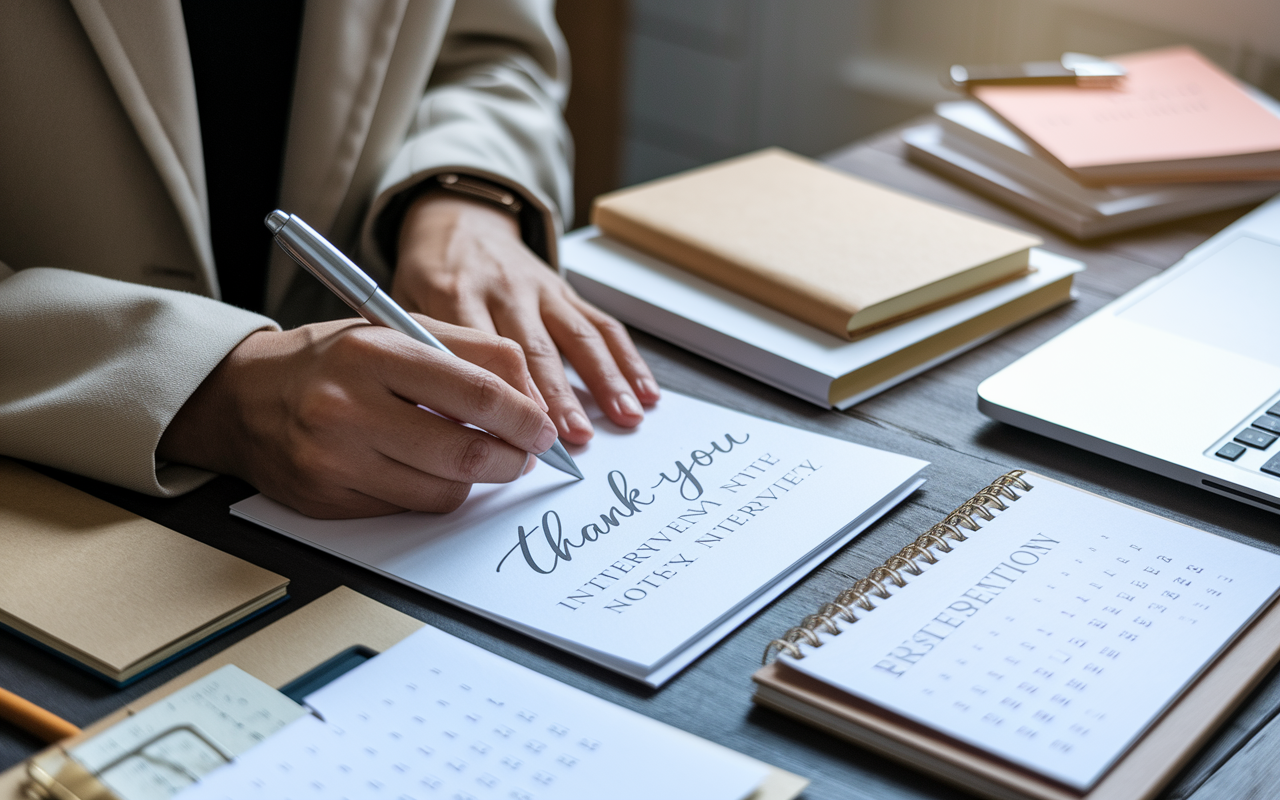 A candidate writing a personalized thank-you note after an interview, surrounded by notes and a laptop. The setting is cozy with soft lighting, emphasizing care and personalization in communication. The note is on elegant stationery, showcasing professional intent and gratitude. The background features a calendar with important residency dates marked.