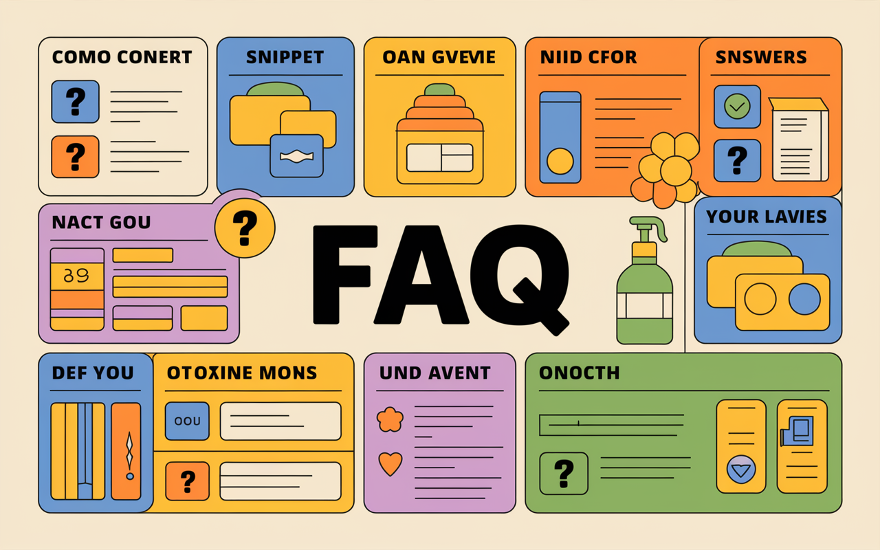 A comprehensive FAQ section depicted in a professional layout, featuring a mix of visuals such as icons symbolizing questions and answers alongside text snippets. The layout is clear, organized, and inviting, allowing viewers to quickly absorb information on common concerns related to SOAP, all rendered in a bright and engaging style.