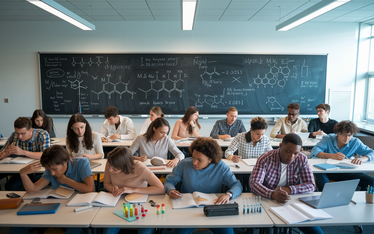 An intense scene in a university classroom filled with eager students of diverse backgrounds studying science together. The whiteboard is covered in complex chemical equations and diagrams. Students, engaged and serious, are collaborating in study groups, surrounded by textbooks, laptops, and scientific models. Bright fluorescent lighting casts a scholarly glow over the room, creating an ambiance of concentration and academic rigor.