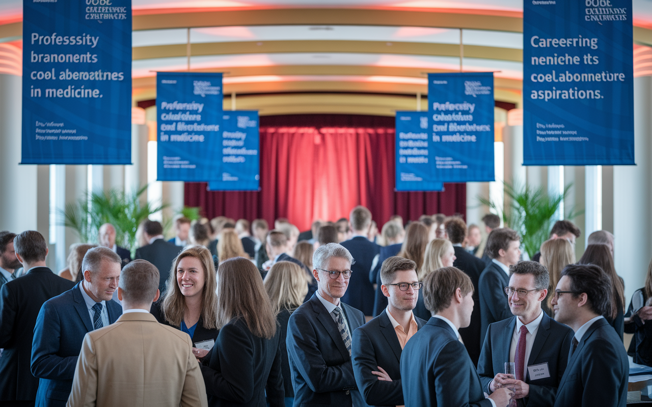 A professional networking event in a university setting where alumni and current students gather to share experiences. The scene is lively with groups engaged in conversation, mentoring moments between professors and aspiring medical students. The ambiance features elegant decor with university branding and inspiring banners about careers in medicine, exuding a spirit of collaboration and future aspirations. The rich colors and soft lighting create a warm and inviting atmosphere.