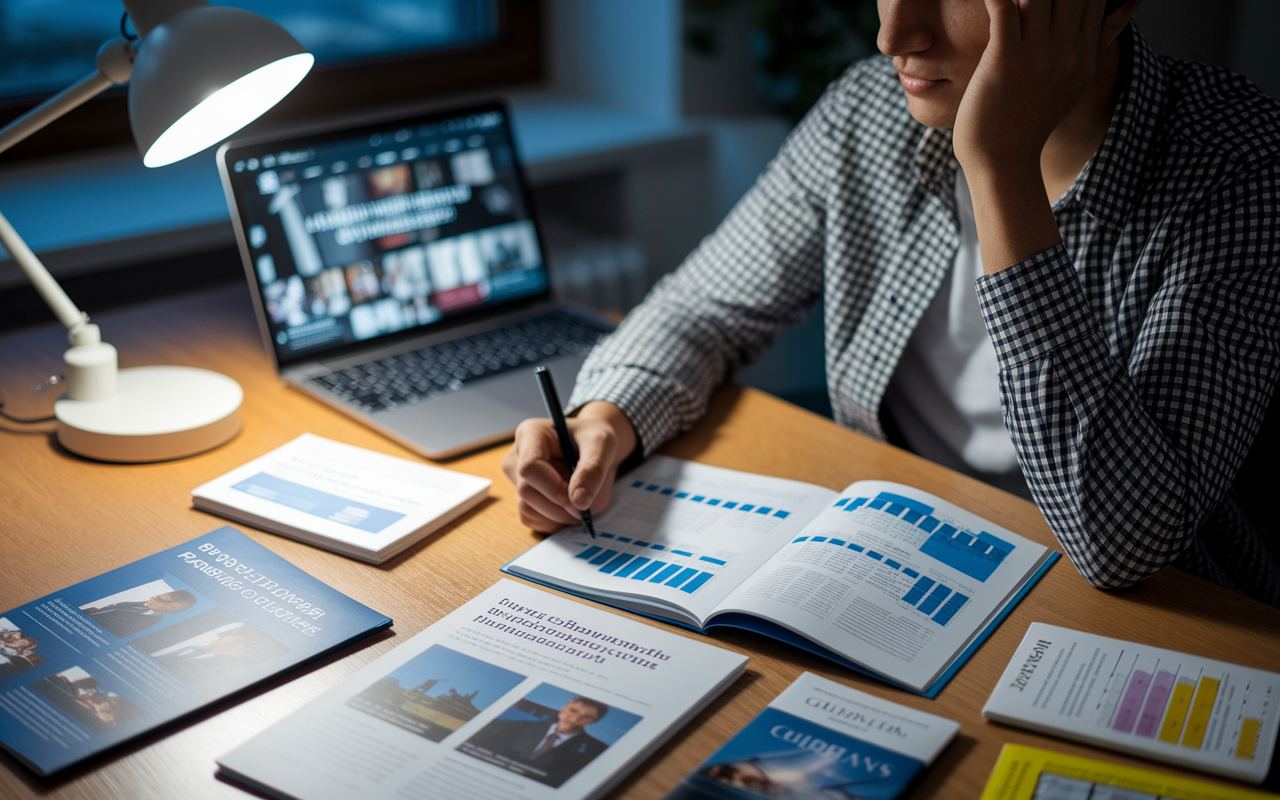 A thoughtful student sitting at a desk filled with brochures and information about various post-baccalaureate programs. The atmosphere conveys diligence and focus as the student compares charts, writes notes, and highlights important details in guidebooks. A warm desk lamp casts a focused light, while a laptop displays university websites, adding to the sense of research and decision-making in their academic journey.