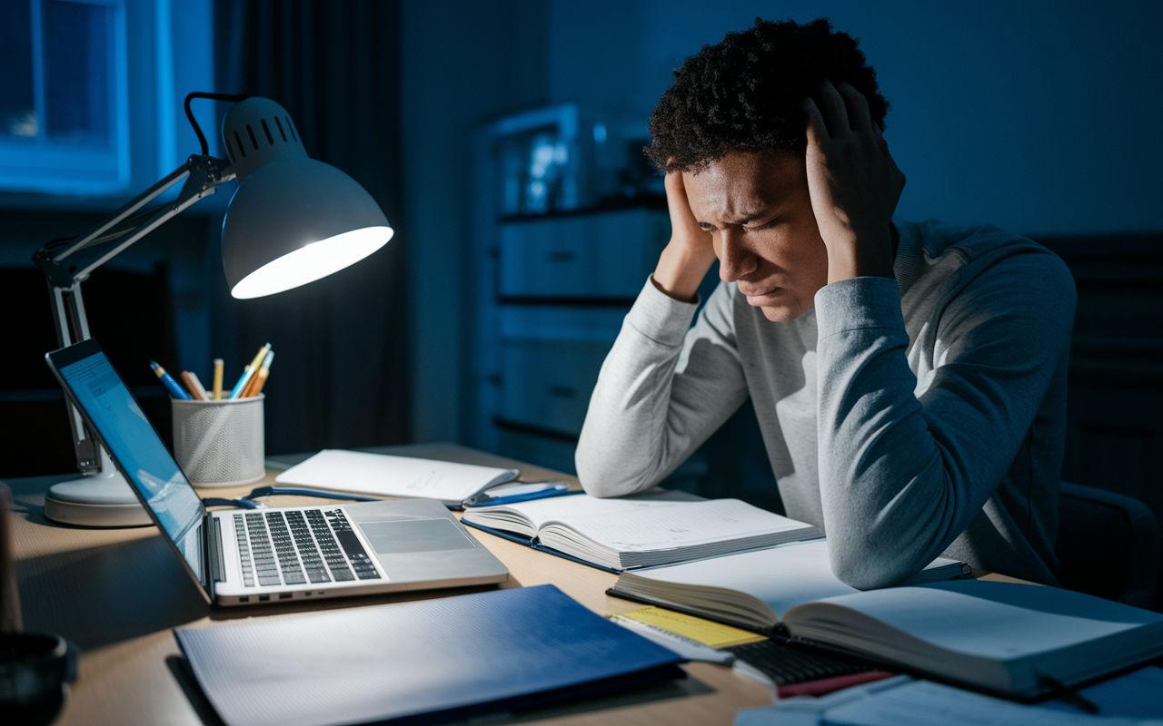 A candid moment capturing the stress and determination of a post-bacc student studying late at night at home. The room is dimly lit by a desk lamp, casting soft shadows around scattered notes, a laptop open to a study guide for an upcoming exam, and a distressed but focused expression on the student's face. This moment reflects the balancing act of study pressures and personal life, revealing the commitment required on the journey to a medical career.