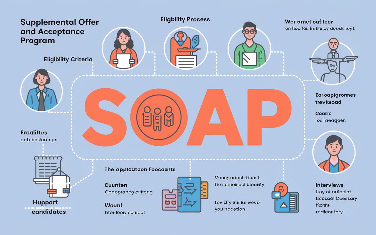 An infographic style image illustrating the key components of the Supplemental Offer and Acceptance Program (SOAP). The design includes icons representing eligibility criteria, the application process, and interviews highlighted with bright colors and clear, engaging visuals. This modern educational graphic conveys a sense of clarity and support for candidates, with a clean layout and easy-to-read font, set against a subtle medical-themed background.