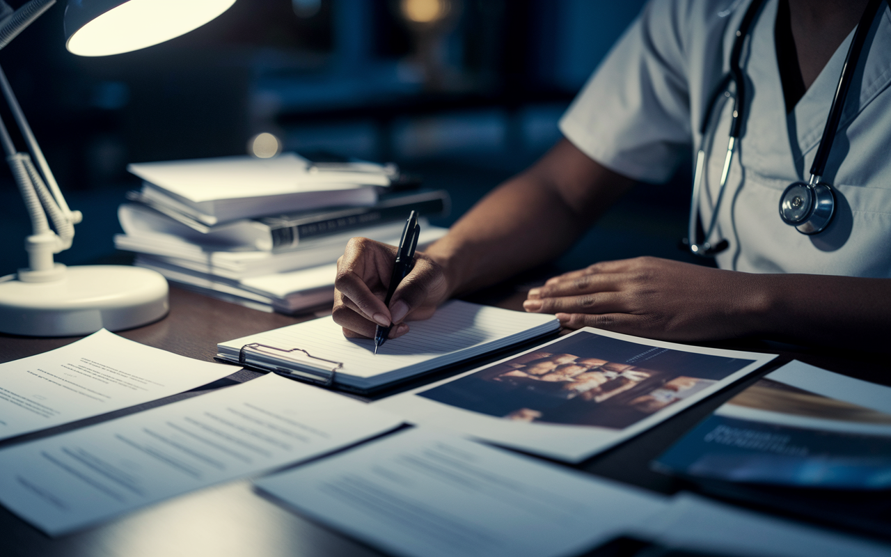 Close-up of a medical candidate working late at night, with their desk covered with application materials. The scene is dimly lit by a desk lamp, showcasing a determined expression with papers and notes scattered around. The candidate is jotting down insights on a notepad while glancing at multiple program brochures on the side. The ambiance captures the essence of dedication amid challenges, emphasizing resilience and the hard work behind each application.