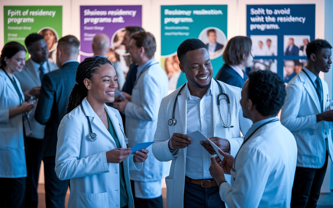 A vibrant networking event scene with a diverse group of medical professionals interacting. Individuals are engaged in conversation, exchanging business cards, and sharing insights. The background features posters showcasing various residency programs, fostering a spirit of collaboration and community. Soft, warm lighting casts a friendly atmosphere, highlighting the importance of relationships in navigating the residency process.