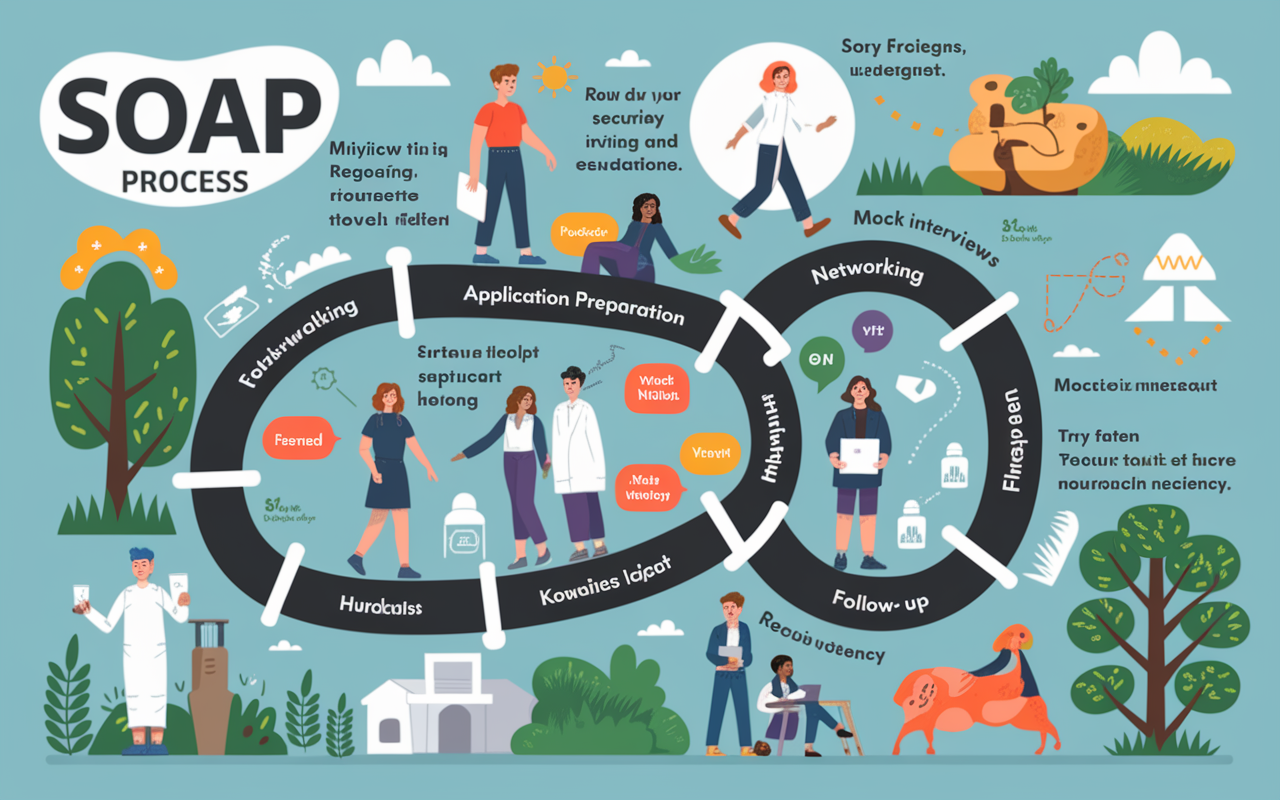 An illustrated roadmap showcasing a candidate's journey through the SOAP process. The path features milestones like 'Application Preparation', 'Mock Interviews', 'Networking', and 'Follow-Up'. Along the journey, visual icons representing hurdles, support, and successes are depicted, emphasizing the strategic steps taken towards securing a residency. Bright colors and a whimsical design make it inviting and educational.