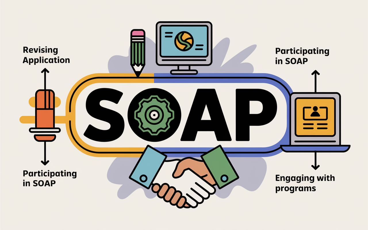 A visual flowchart or infographic depicting the SOAP process, including key steps such as 'Revising Application', 'Participating in SOAP', and 'Engaging with Programs'. The chart is colorful and clearly laid out, with icons representing each step: a pencil for revising, a computer for application, and a handshake for engagements. The background is subtle but professional, enhancing understanding of the application process.