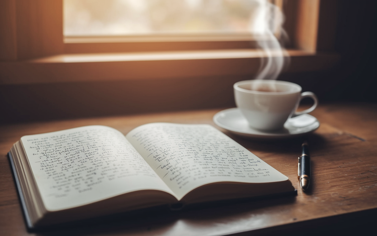 An ornate writing desk with a journal open, showing handwritten notes about a medical student's journey in pursuing medicine. The scene captures a warm afternoon glow through the window, illuminating the page filled with thoughts, motivations, and personal experiences. Nearby, a steaming cup of tea rests alongside a pen, symbolizing deep self-reflection and the crafting of a compelling narrative.