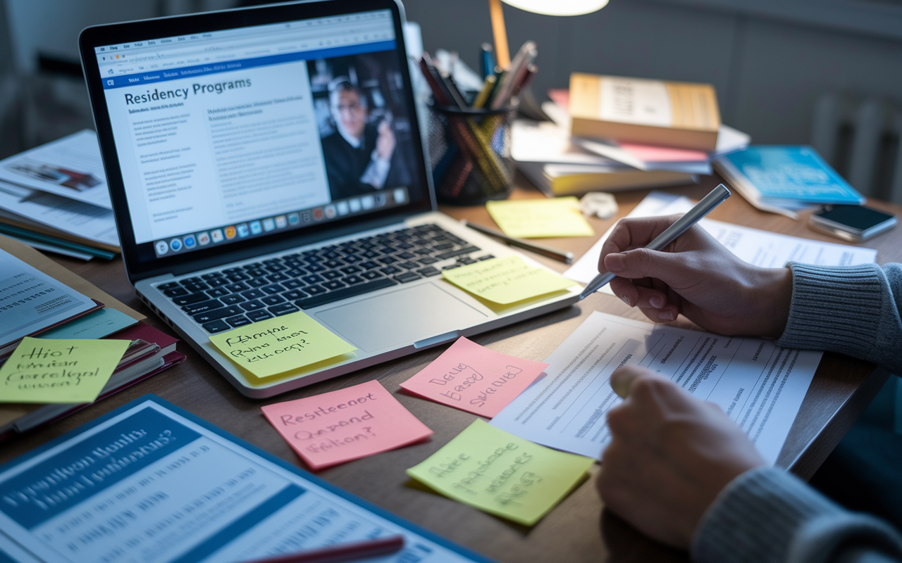 A cluttered desk filled with pamphlets and information about various residency programs. A laptop screen displays a detailed program site, while sticky notes with handwritten questions surround it. The atmosphere shows a blend of excitement and focus, capturing the essence of thorough research, illuminated by soft, focused desk lighting.