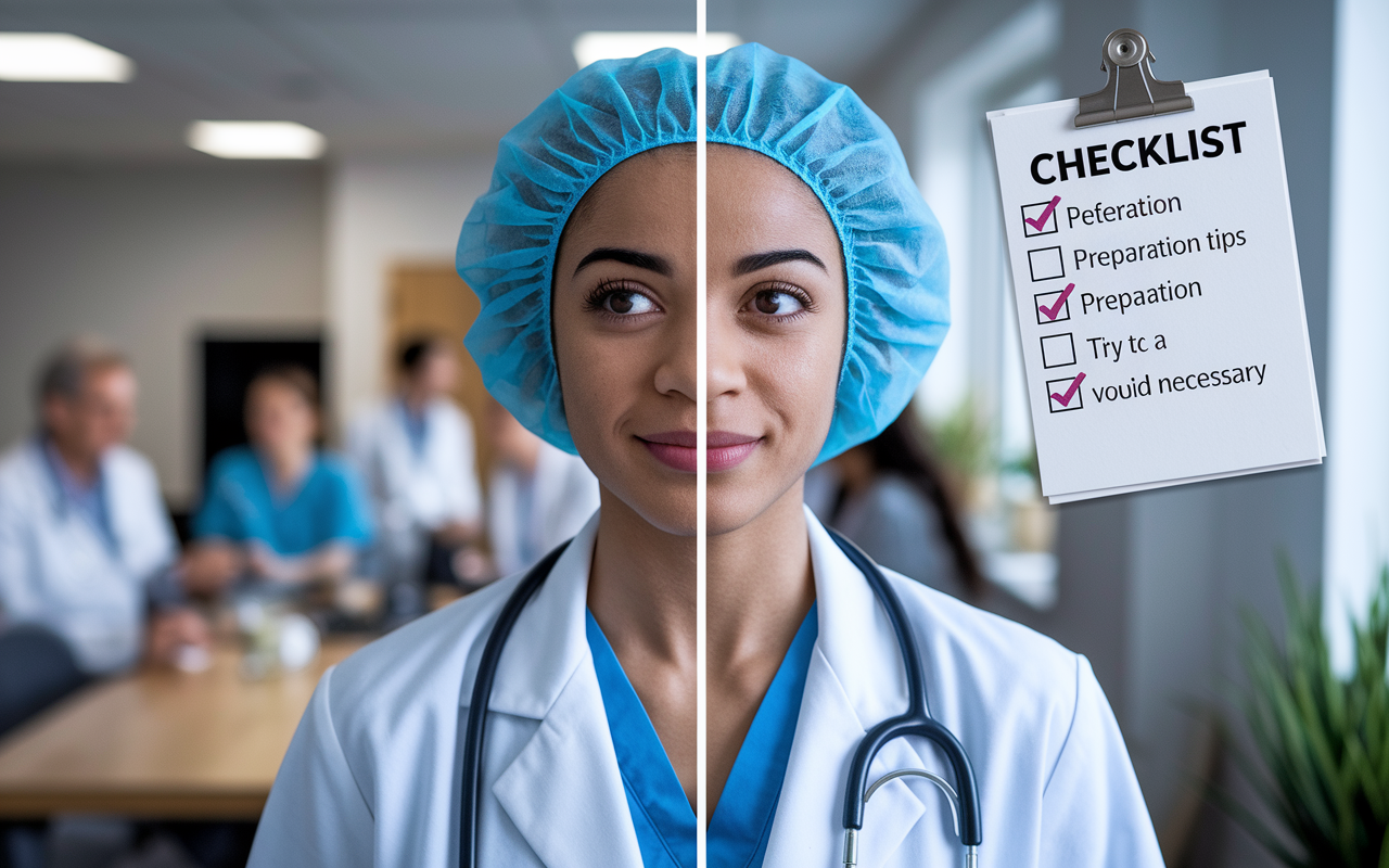 A split-screen image of a medical student practicing for a virtual interview at home, dressed in professional attire on the top half, and the bottom half shows the interview interface with a busy medical setting in the background. The student's expression reflects determination and readiness, while a checklist outlining preparation tips is pinned nearby, creating a sense of structured preparation.