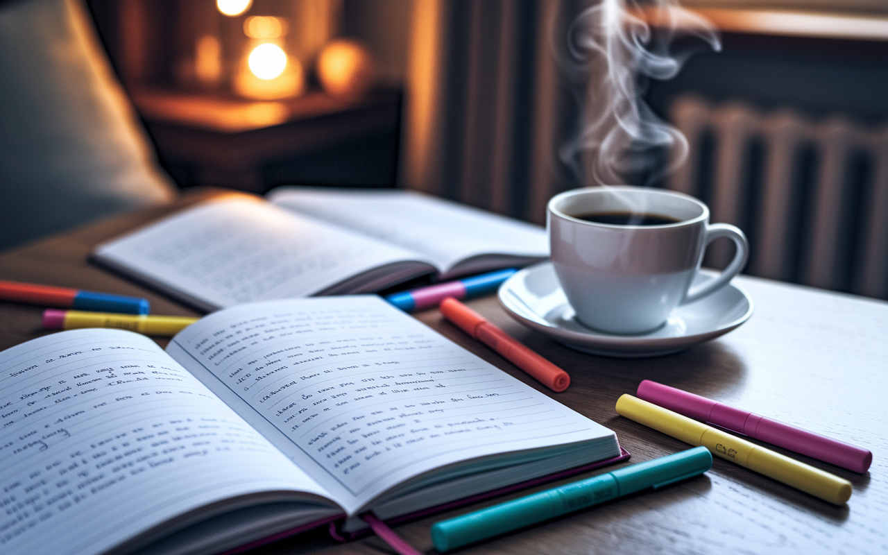 A close-up of an open journal with handwritten entries reflecting on the SOAP journey, surrounded by colorful pens and highlighters. Next to it, a coffee cup rests, steaming, suggesting late-night reflection and study. The background shows a cozy study corner with warm lighting, highlighting the importance of self-documentation and learning from experiences.