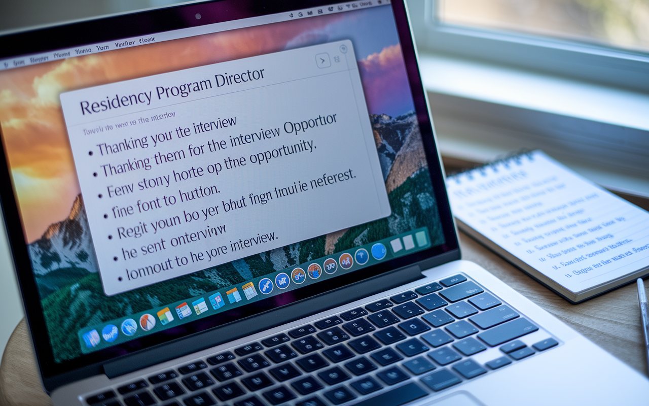 An open laptop showing an email draft addressed to a residency program director, thanking them for the interview opportunity. The screen displays specific references to the interview, emphasizing gratitude and interest. In the background, a notepad filled with key points from the interview is visibly placed, creating a professional and personalized atmosphere.