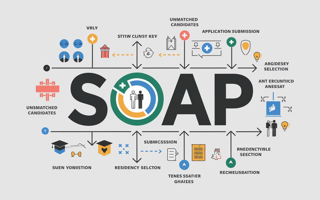 An educational infographic that visually breaks down the SOAP process, showcasing key phases like 'Unmatched Candidates', 'Application Submission', and 'Residency Selection'. The design is modern and colorful, highlighting important timelines with icons, arrows, and flowcharts, set against a clean white background for clarity, aimed at educating medical graduates.