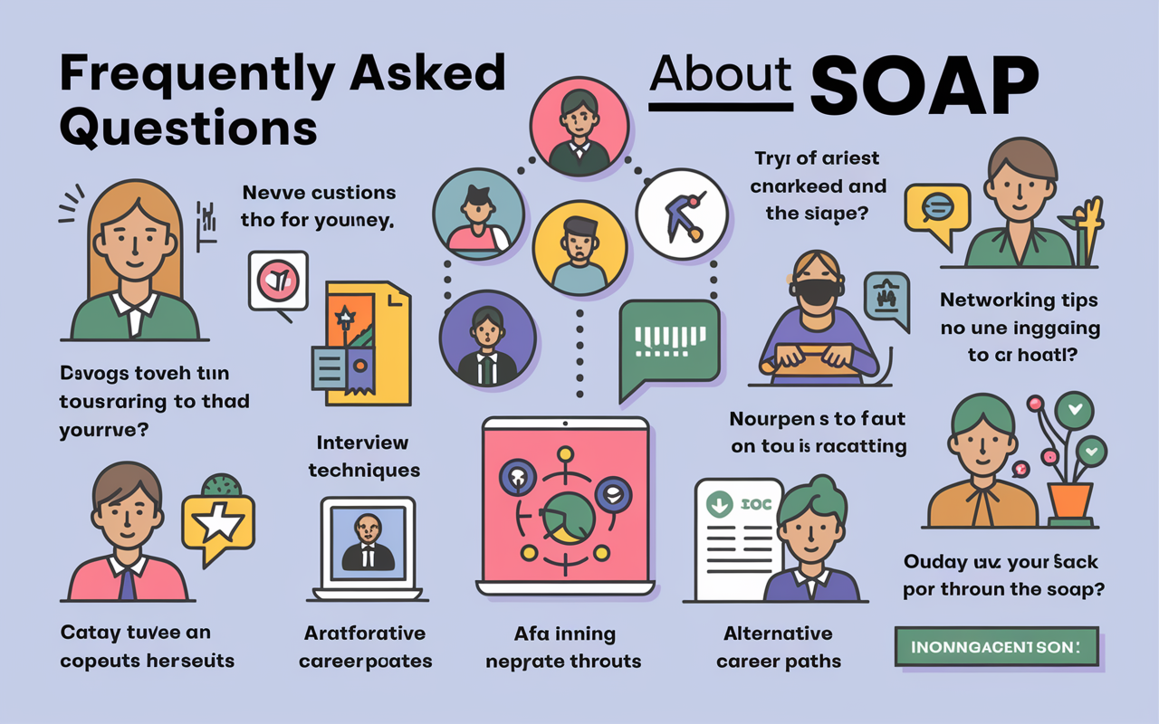 A visually appealing infographic presenting frequently asked questions about SOAP. Each question is clearly articulated with engaging icons that represent different topics like interview techniques, networking tips, and alternative career paths. The layout is organized and colorful, aiming to inform and support candidates in their journey through the SOAP process.