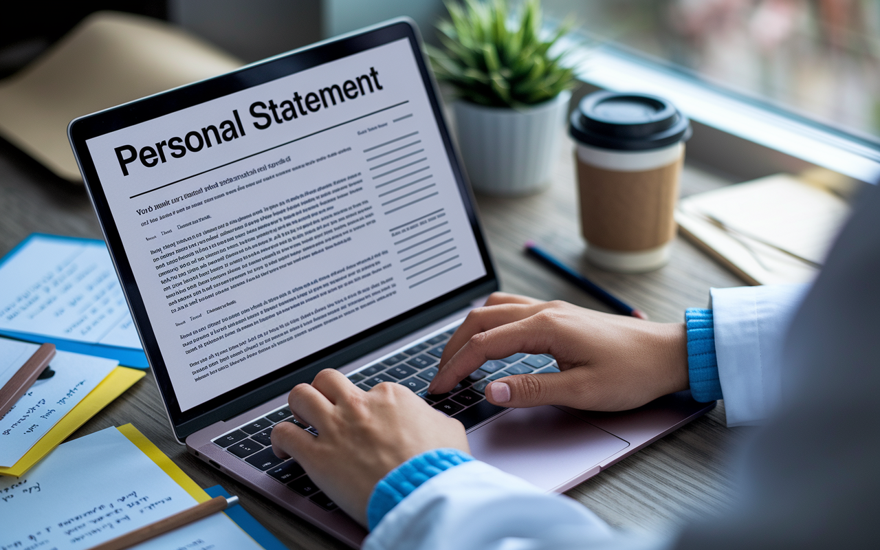 A close-up shot of a medical graduate's hands typing on a laptop, focused on editing a personal statement. The screen displays a well-structured application, while surrounding are notes with highlights, a coffee cup, and a pencil. The scene is well-lit, giving a sense of productivity and determination as the candidate personalizes their application for specific residency programs.