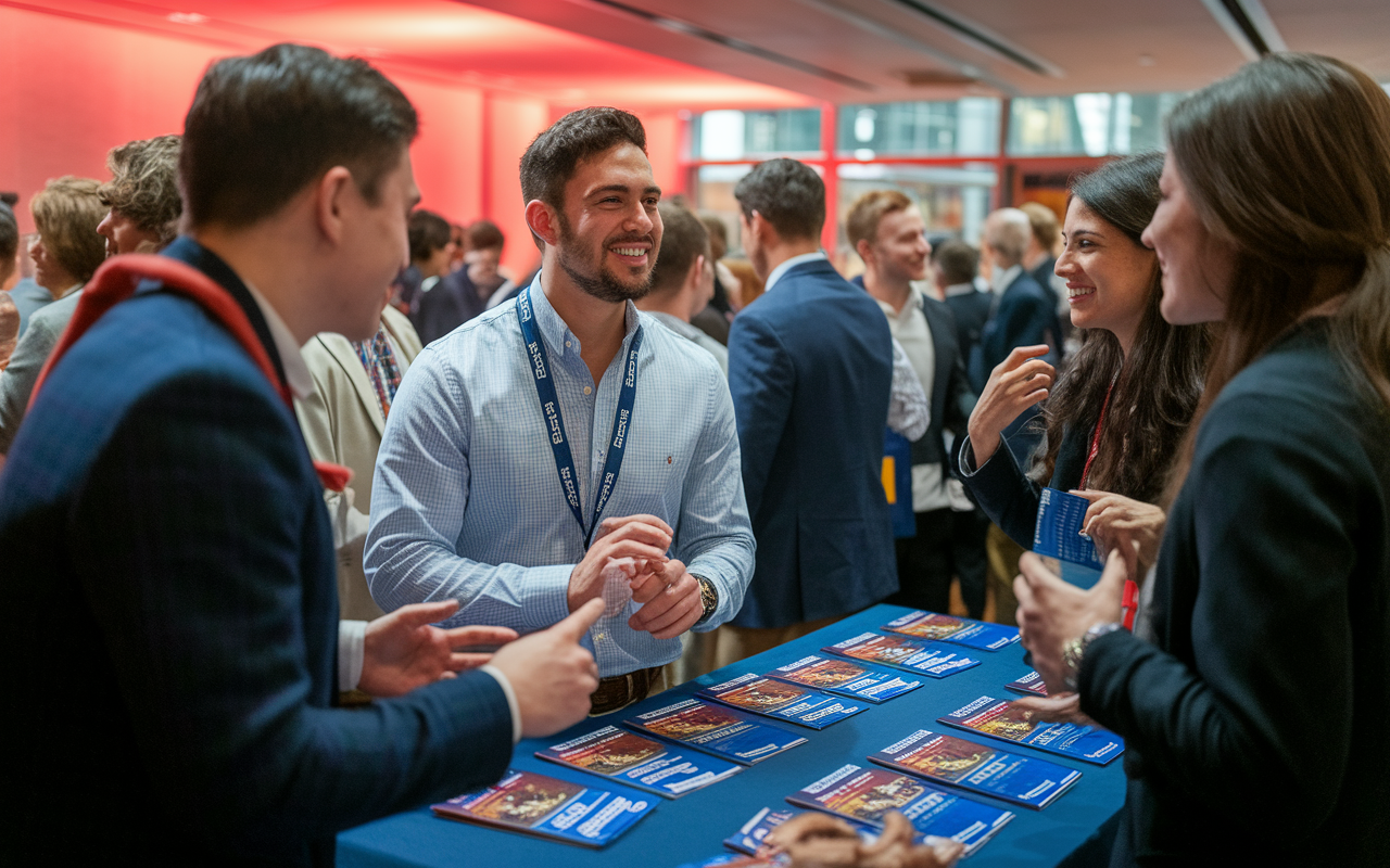 A vibrant scene at a networking event where medical students engage with alumni and current residents. The atmosphere is lively with conversations, smiles, and exchanges of contact information. Tables with brochures about residency programs are visible in the background. The lighting is warm to create a welcoming vibe, emphasizing collaboration and support in navigating SOAP.