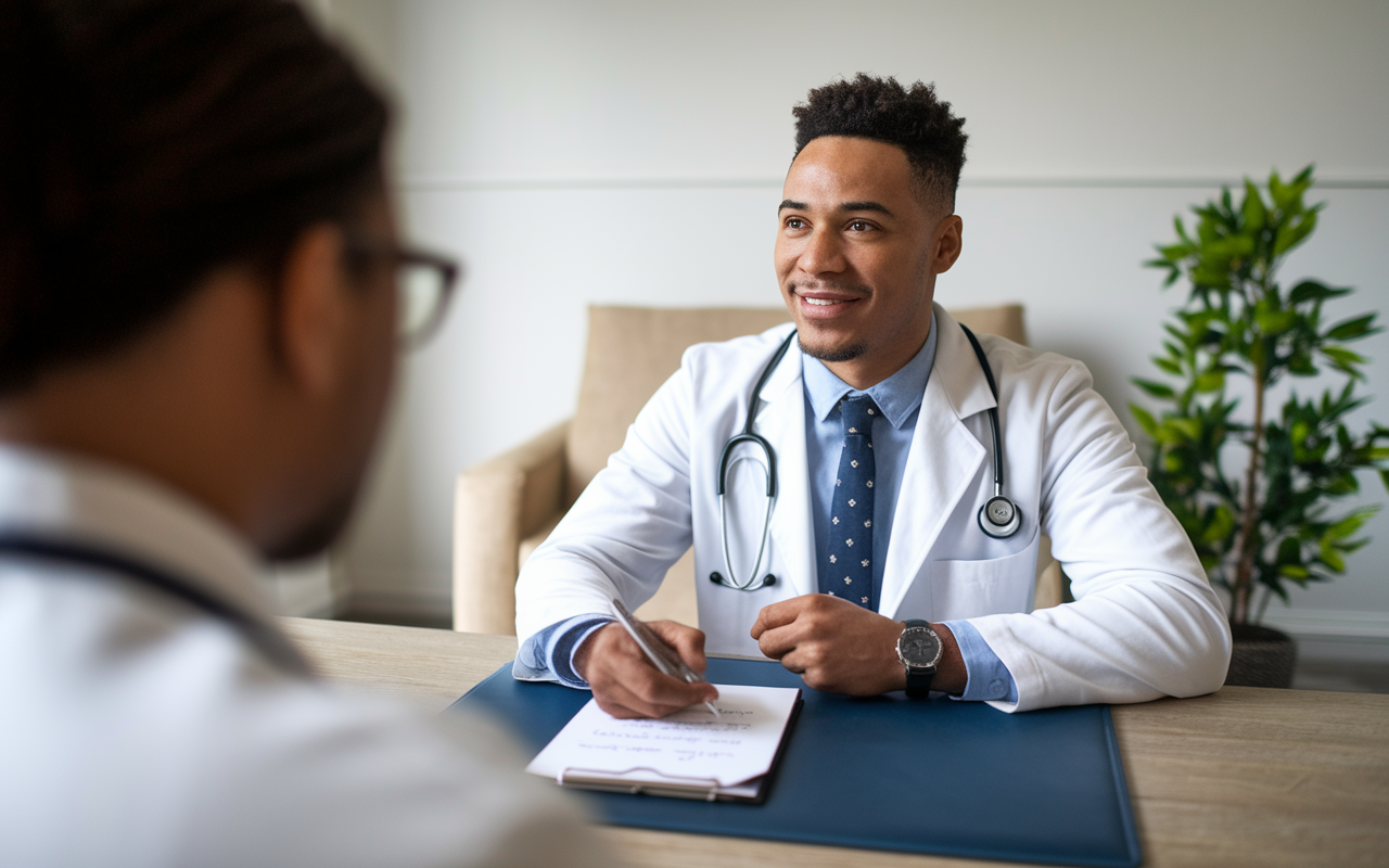 An aspiring medical resident practicing for a mock interview with a mentor, seated at a well-organized table, with interview questions written on a notepad. They are in a well-lit room that symbolizes a supportive learning environment. Focus on the candidate's attentive facial expression and engaging body language, reflecting their motivation and preparedness.