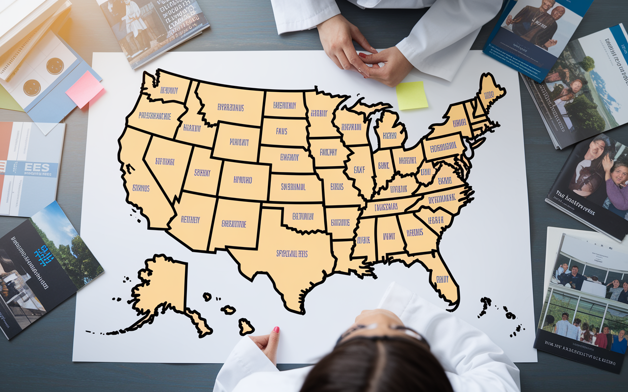 A medical graduate contemplating different residency options on a large map of the U.S., with sticky notes highlighting various states and specialties. The desk is filled with brochures from diverse residency programs. The lighting is bright and inspirational, hinting at the possibility of new adventures and professional growth, underscoring the importance of flexibility and openness.