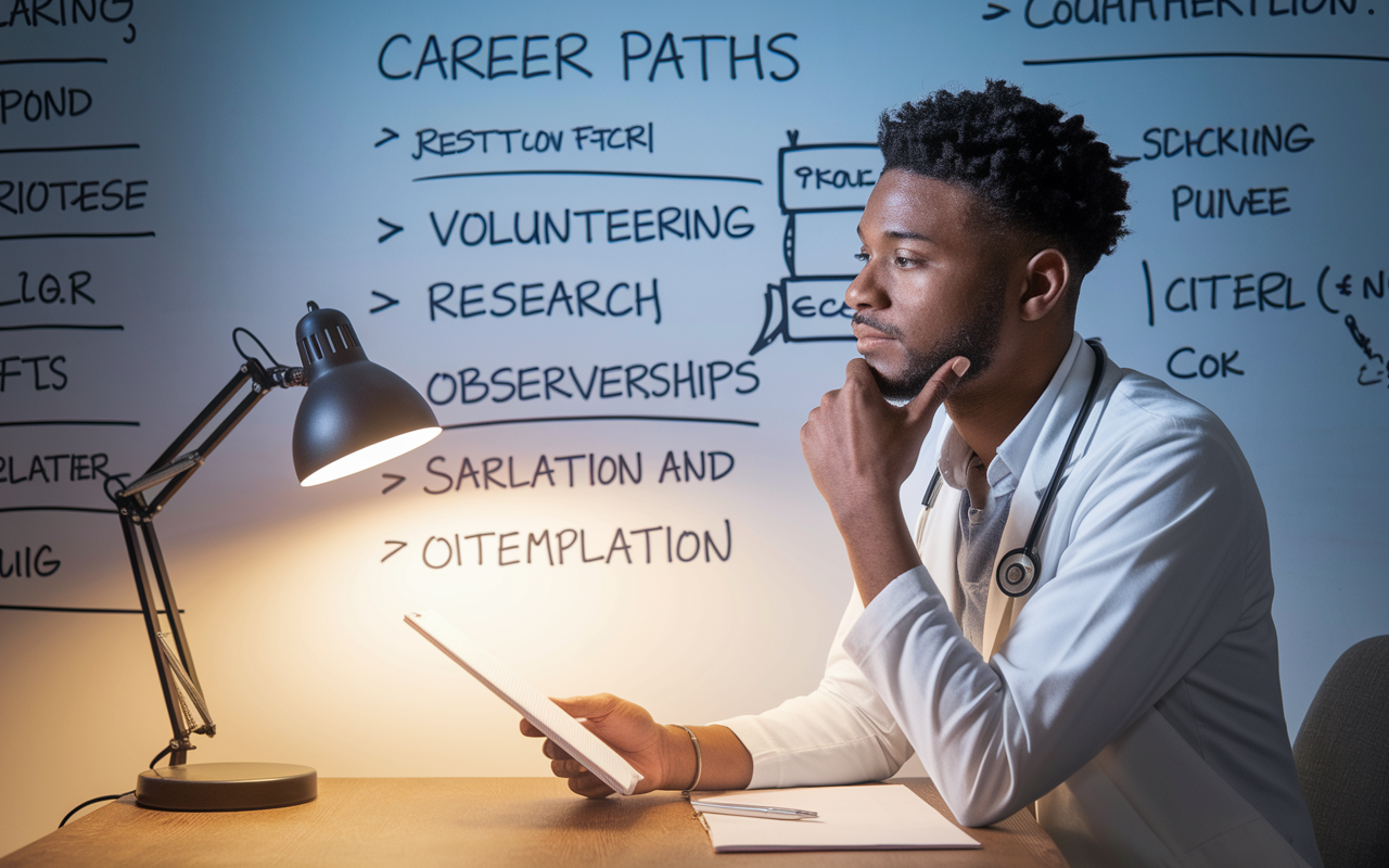 A thoughtful medical graduate reviewing alternative career options on a whiteboard filled with career paths such as volunteering, research, and observerships. The scene conveys a sense of strategy and contemplation, with a warm desk lamp illuminating the space, emphasizing a proactive mindset and preparation for the unexpected.