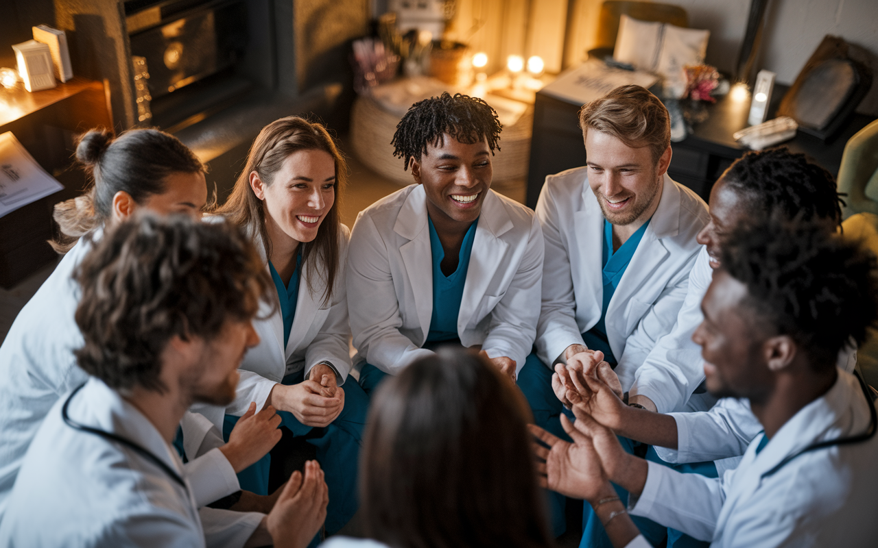 A group of medical graduates gathered in a supportive circle, discussing their experiences and sharing encouragement during the SOAP process. The setting is cozy and intimate, with warm lighting and various personal items that illustrate their journey together. Focus on the camaraderie and positivity in their expressions, highlighting the emotional support during challenging times.