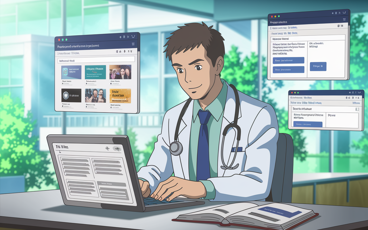 An animated visualization showing a medical candidate researching residency programs on a laptop with various tabs open: program websites, social media pages, and forums. The setting is bright and modern, indicating a productive research atmosphere. Highlight key elements like enthusiasm and determination as the candidate gathers important information.