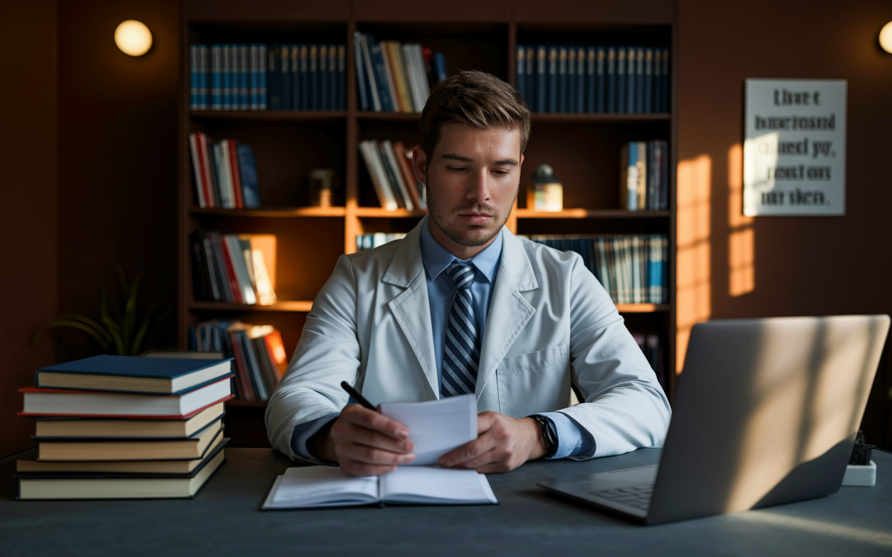 A focused medical graduate in professional attire seated at a desk in a cozy study, practicing interview answers with a notepad in hand. The room is warmly lit, with bookshelves filled with medical textbooks and a laptop open to a virtual interview platform. The expression on the graduate's face shows determination and preparedness, surrounded by a motivational poster on the wall. Soft shadows add depth to the scene, creating an atmosphere of quiet concentration.