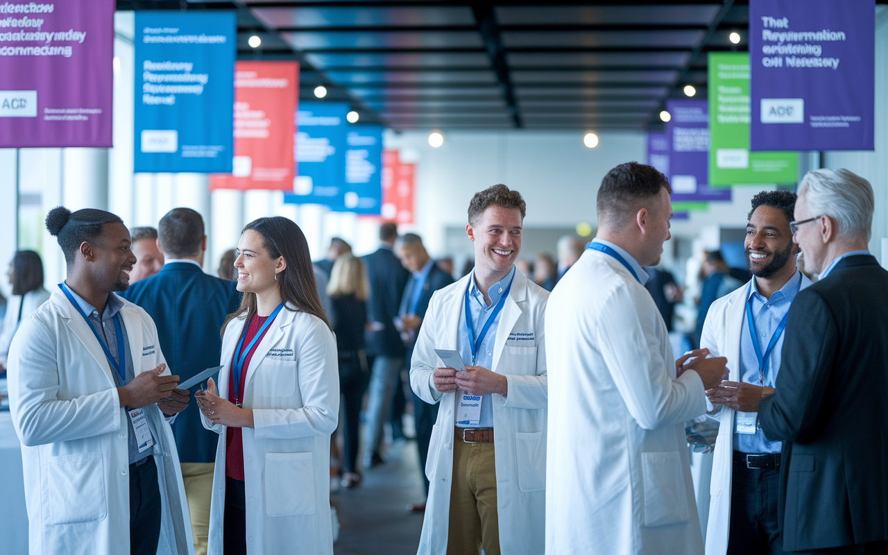 A vibrant networking event with medical graduates and residency program directors engaging in conversation. The setting is contemporary, featuring booths showcasing different residency programs, with individuals exchanging contact information and smiling. The lighting is bright and welcoming, and banners displaying attractive residency information hang in the background, encapsulating the opportunities and excitement of building professional connections.