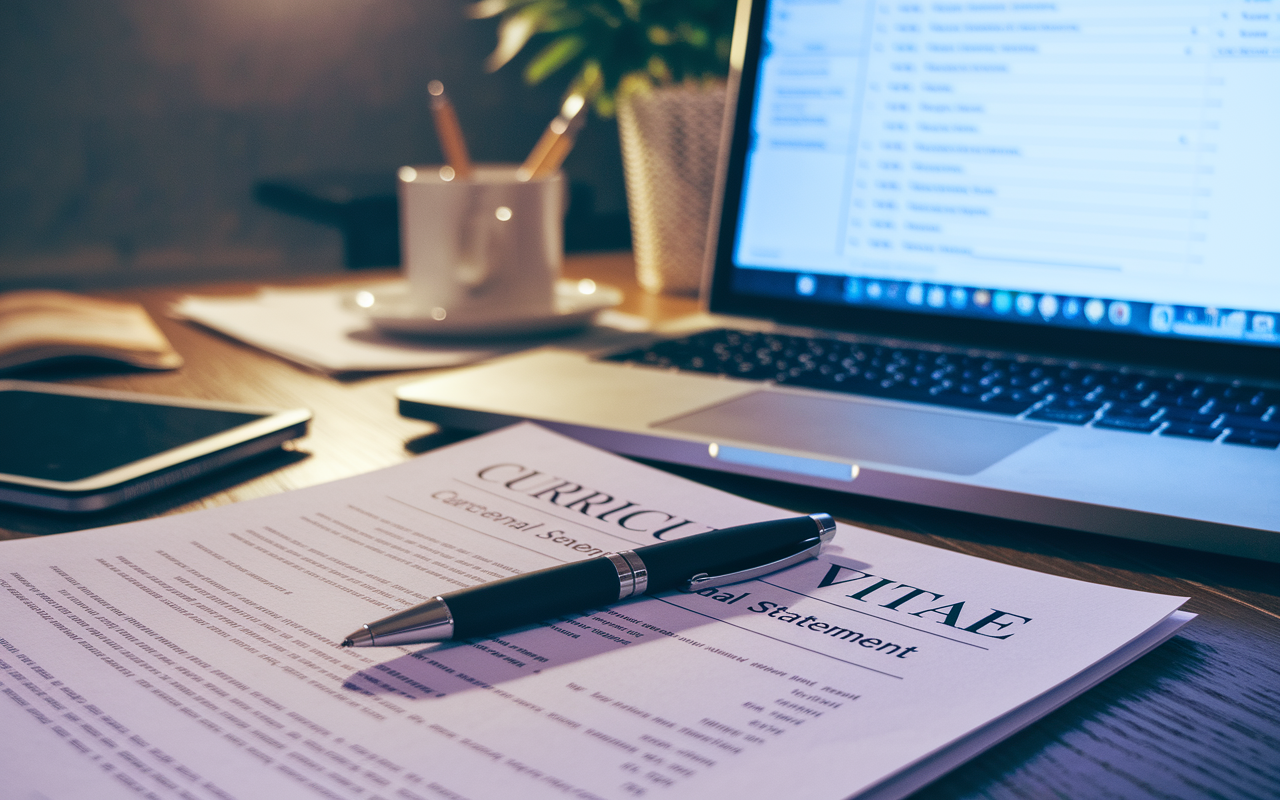 A close-up view of a well-organized curriculum vitae and a personal statement lying on a wooden desk. A pen rests on the papers, while a laptop screen in the background displays a list of residency programs. The lighting is warm, suggesting a late-night study session, reflecting the dedication and attention to detail.