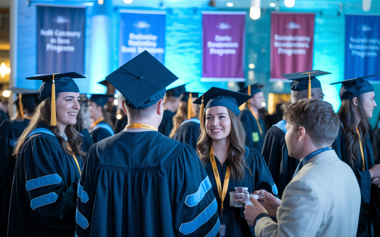 A lively scene at a medical networking event, with graduates interacting and engaging with program directors and medical alumni. The ambiance is vibrant and hopeful, highlighting conversations filled with excitement and potential opportunities. Soft evening lighting creates an inviting atmosphere, showcasing banners of various residency programs in the background.