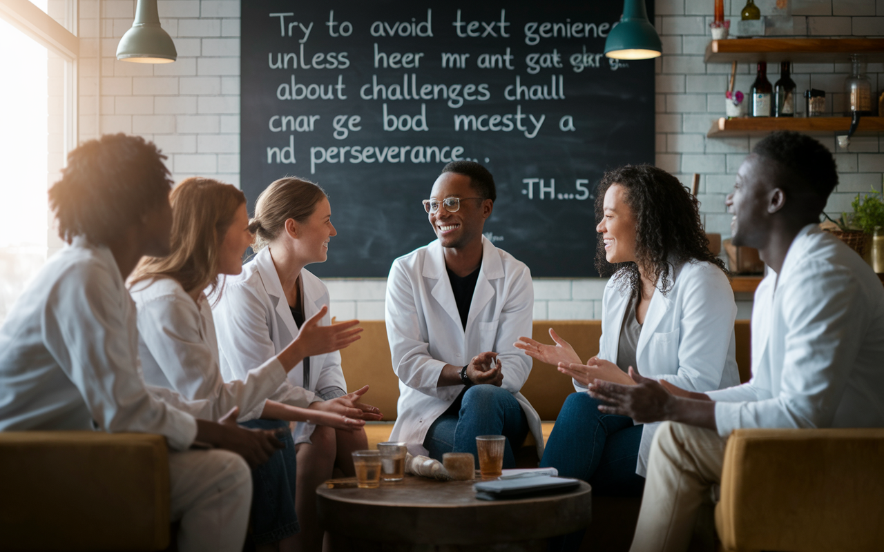 A serene scene of a group of medical graduates gathered in a cozy coffee shop, discussing their experiences and emotions related to the SOAP process. Soft lighting casts a warm glow as they share supportive advice and laughter, creating a sense of community amidst challenges. In the background, a chalkboard displays motivational quotes about resilience and perseverance.