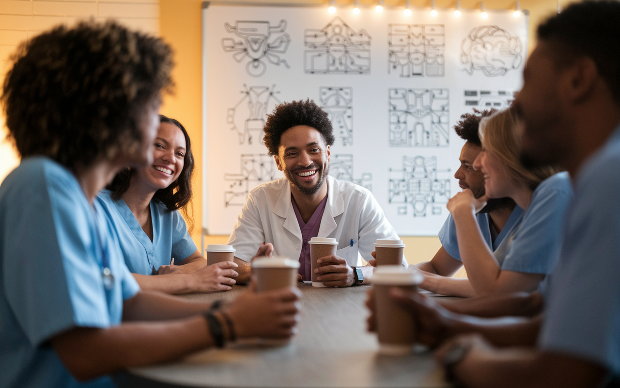 A warm, inviting scene inside a hospital break room where a group of diverse residents, including both men and women of various ethnicities, are gathered around a table sharing stories and experiences. Soft, ambient lighting creates a cozy atmosphere. Laughter fills the air as they hold coffee cups, conveying a sense of belonging and camaraderie. On the wall, a whiteboard filled with complex medical diagrams symbolizes their collaborative learning process.