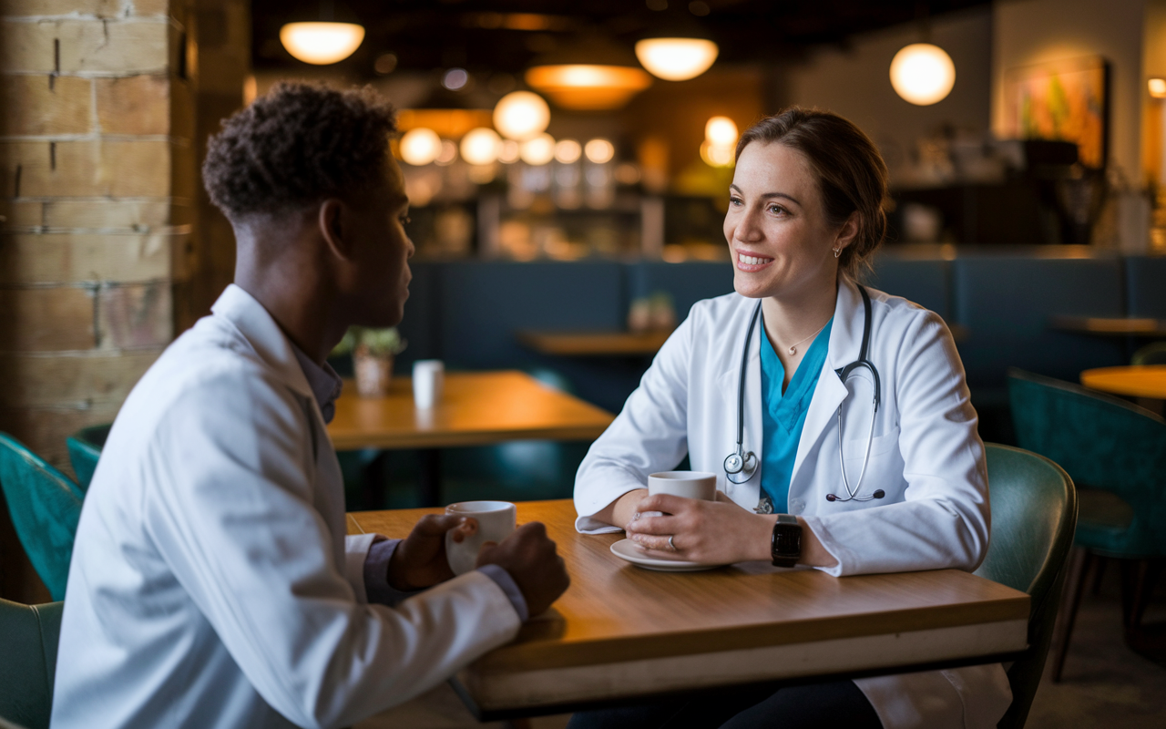 In a cozy café, Dr. Emily sits with a first-year resident, engaging in a mentorship discussion over coffee. They are surrounded by warm lighting and casual decor, creating an inviting atmosphere. Both are focused and animated, with Dr. Emily sharing her insights about navigating challenging cases in residency. This scene encapsulates the mentorship relationship effectively, emphasizing connection and guidance.