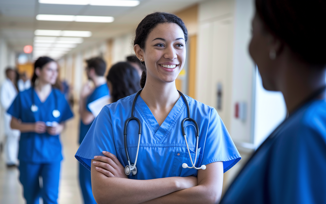 A young physician in blue scrubs standing confidently in a bustling hospital corridor, smiling and making eye contact with a passing colleague. The scene captures her open posture and genuine warmth, with soft lighting highlighting her friendly demeanor. In the background, fellow residents engage in discussions and patient care, illustrating the importance of approachability in building relationships.