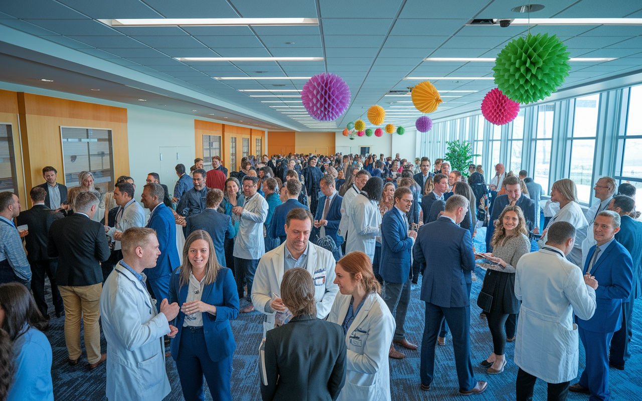 A lively residency networking event taking place in a spacious hospital conference room, filled with residents mingling and exchanging ideas. Colorful decorations enhance the inviting atmosphere, while soft music creates a relaxed environment. Groups are engaged in discussions, laughing and building connections, showcasing the importance of social activities in fostering relationships.