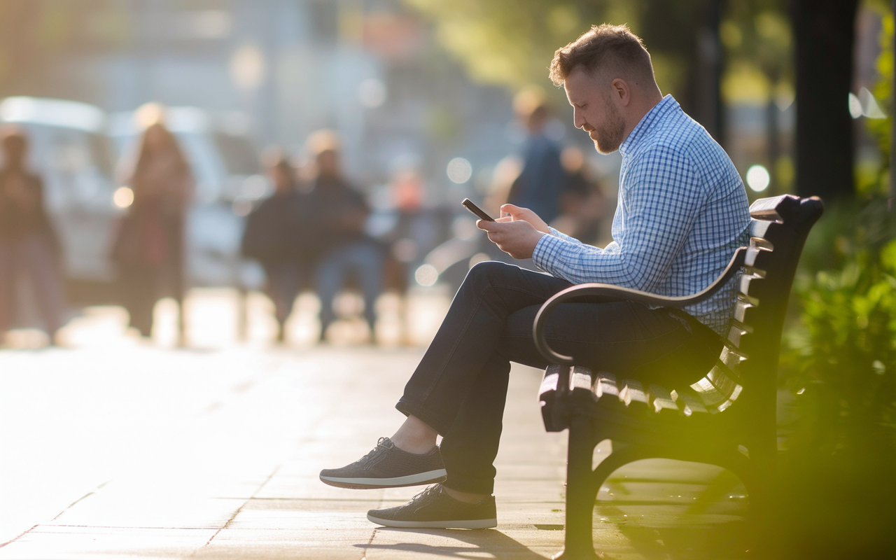 A thoughtful resident sitting on a park bench during a break, gazing at his phone while scrolling through messages from friends. The scene captures a moment of reflection amidst a busy urban backdrop, symbolizing the balance between personal life and professional responsibilities. Soft golden hour lighting casts a warm glow, emphasizing the importance of nurturing both worlds.