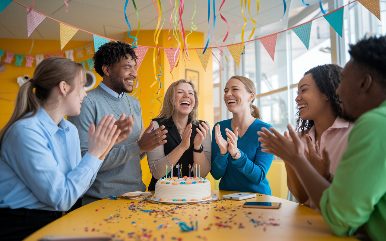 A vibrant scene showcasing residents celebrating a colleague’s recent achievement in a brightly decorated break room. Streamers and a cake add to the jubilant atmosphere as they laugh, clap, and share a moment of joy together. The scene is filled with warmth, camaraderie, and a sense of collective triumph, highlighting the importance of mutual support in fostering relationships.