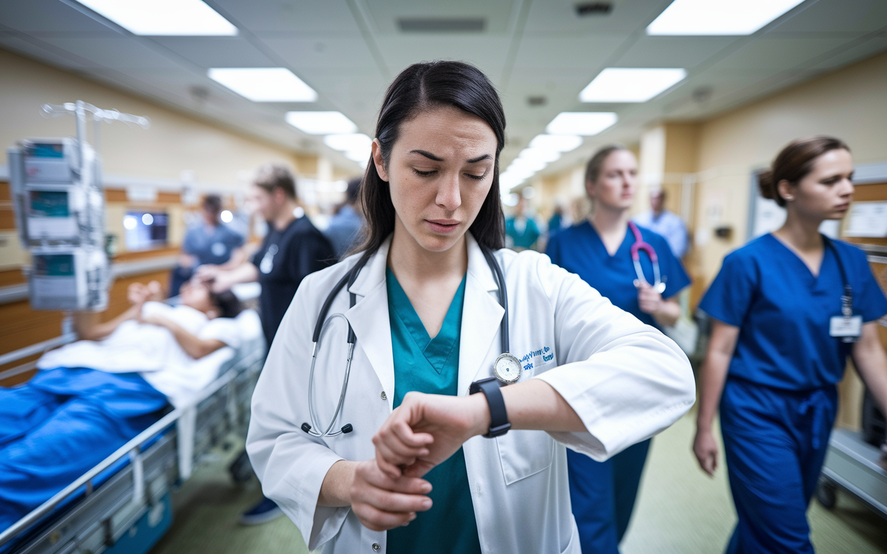 A bustling hospital scene where a resident, looking slightly overwhelmed, checks her watch amidst her busy schedule. The backdrop features patients being attended to and colleagues on the move, illustrating the time constraints faced by residents. Bright, clinical lighting highlights the urgency of the environment as she navigates her responsibilities, symbolizing the balancing act of time management in residency.