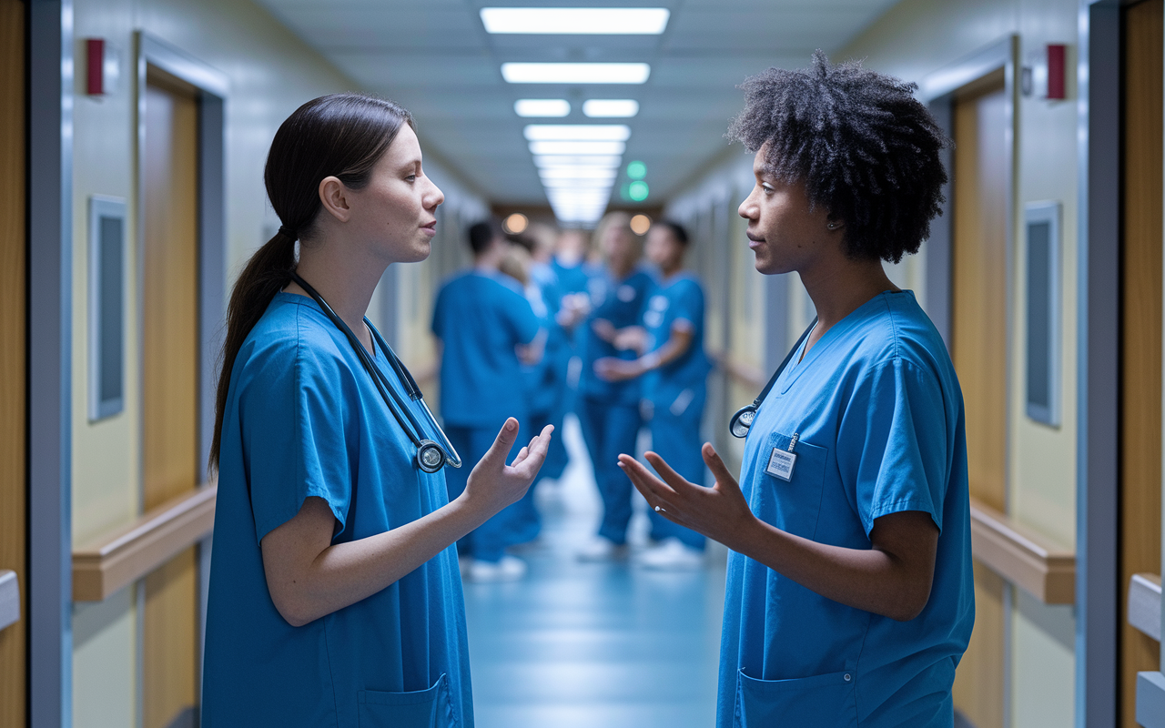 A respectful interaction taking place in a hospital hallway between a senior resident and a first-year resident. The senior resident is offering guidance, while the junior resident listens intently, demonstrating professionalism and respect. The corridor is bustling with activity, symbolizing the hierarchy within residency programs, with soft lighting highlighting their engaged conversation.