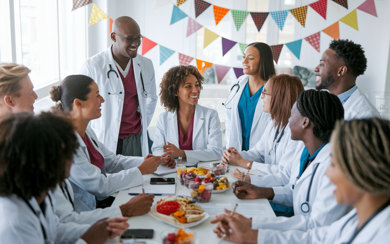 A dynamic gathering of residents from various cultural backgrounds in a bright conference room, all engaged in a discussion about cultural competence in medicine. The atmosphere is vibrant, with multicultural decorations and snacks reflecting their diverse heritage. Faces are animated as they share thoughts and experiences, embracing the richness of diversity in the residency environment.