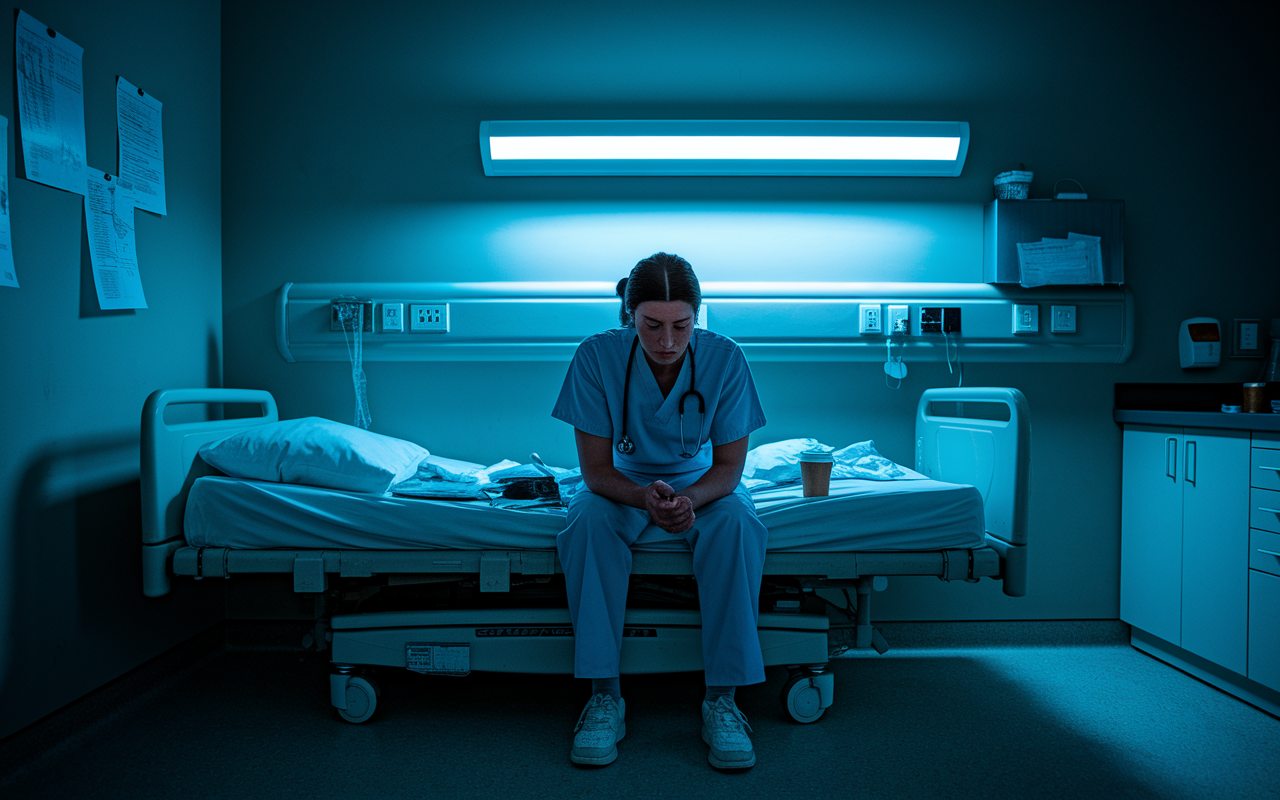 A medical resident sitting alone on a hospital bed in a dimly-lit break room, looking exhausted and overwhelmed. The expressions of weariness on their face reflect the burdens of long hours and numerous responsibilities, surrounded by crumpled notes and a half-empty coffee cup. The walls are adorned with medical charts, and the faint fluorescent light casts soft shadows, creating an atmosphere of solitude and fatigue amidst a bustling hospital environment.