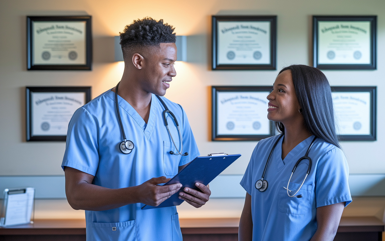 A medical resident in blue scrubs, confidently discussing workload adjustments with a supervisor in a well-lit hospital office. The resident holds a clipboard detailing their commitments while the supervisor attentively listens, demonstrating a supportive and understanding demeanor. The background features framed medical diplomas and charts, emphasizing a professional atmosphere where boundaries are respected. Soft, warm lighting enhances the sense of a constructive dialogue.