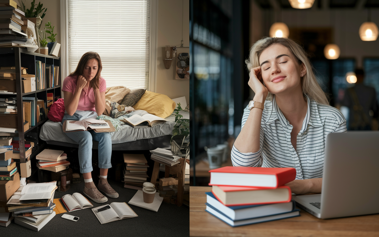 A split-scene portraying Emily, the overwhelmed intern, on the left, burdened with books and responsibilities in a cluttered dorm room, looking disheveled and stressed. On the right, a transformed Emily confidently enjoying a peaceful moment at a coffee shop with books and a laptop, her expression reflecting tranquility and focus. The contrasting lighting emphasizes the transition from chaos to clarity, highlighting the journey of personal growth and prioritization.