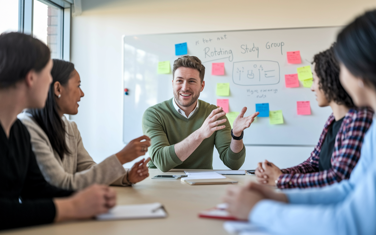 A scene featuring Jake, a second-year resident, in a collaborative environment with colleagues gathered around a table in a bright conference room. Jake, confidently sharing his idea for a rotating study group, while his peers listen attentively, showcasing a supportive atmosphere. The whiteboard in the background displays colorful diagrams and notes, fostering a sense of cooperation and teamwork. Natural light from the windows adds warmth to the scene.