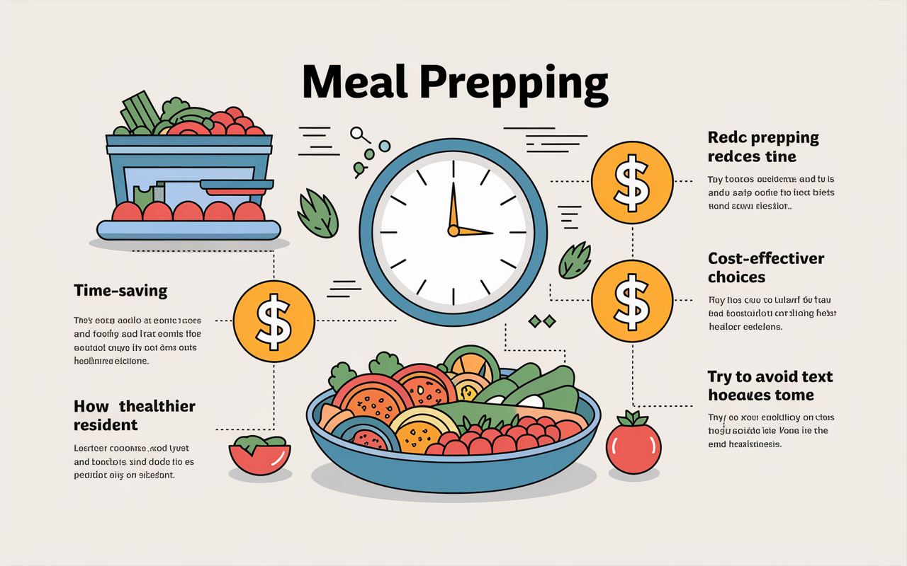 An illustrated infographic depicting the benefits of meal prepping, featuring visuals like a clock for time-saving, dollar signs for cost-effectiveness, and a plate of colorful food for healthier choices. The infographic should include icons and text that explain how meal prepping reduces stress and saves time in the life of a medical resident. The aesthetic is clean and modern, utilizing a vibrant color palette to attract attention.