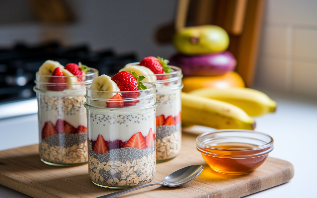 A countertop scene showcasing the preparation of overnight oats in clear jars. Each jar is filled with rolled oats, almond milk, chia seeds, and vibrant fruits like strawberries and bananas. A spoon rests beside the jars, and a stack of colorful fruits is visible in the background along with a small bowl of honey. The warm kitchen lighting highlights the nutritious ingredients, giving a feel of health and wellness.