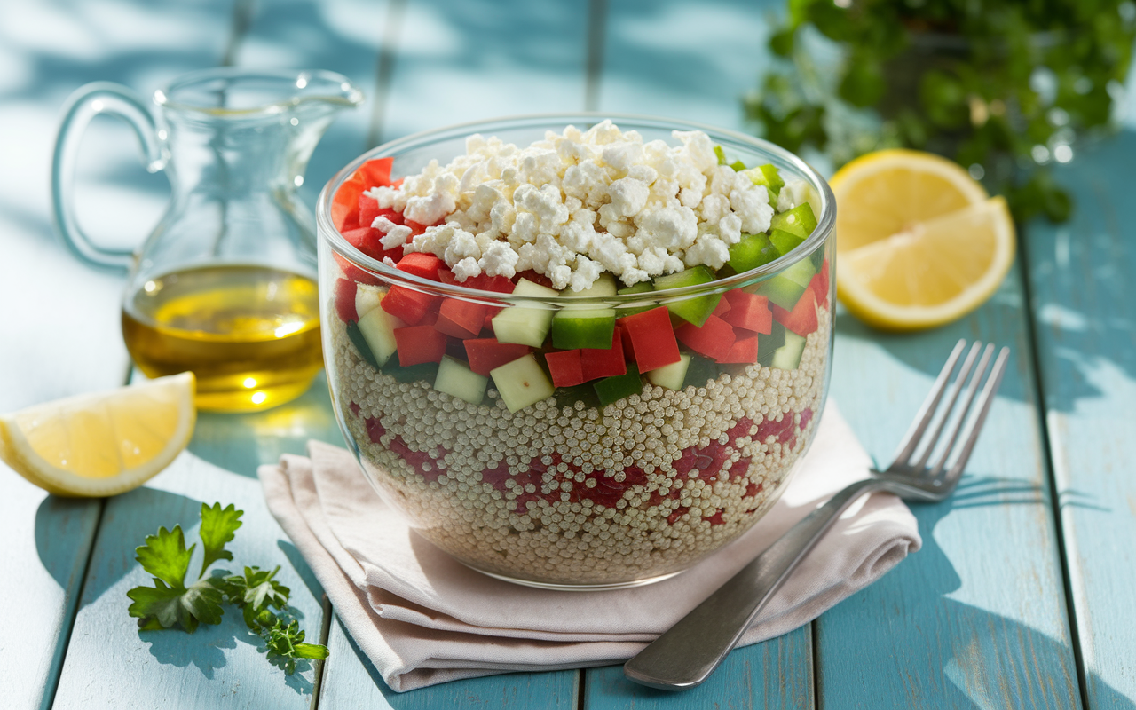 A beautifully arranged quinoa salad bowl featuring layers of quinoa, colorful diced vegetables like bell peppers, cherry tomatoes, and cucumber, topped with crumbled feta cheese. The bowl is placed on a rustic wooden table with a fork beside it, and a small jug of olive oil, lemon wedges, and fresh herbs are scattered around, conveying a fresh and inviting atmosphere. Bright sunlight illuminates the scene, emphasizing the freshness of the ingredients.