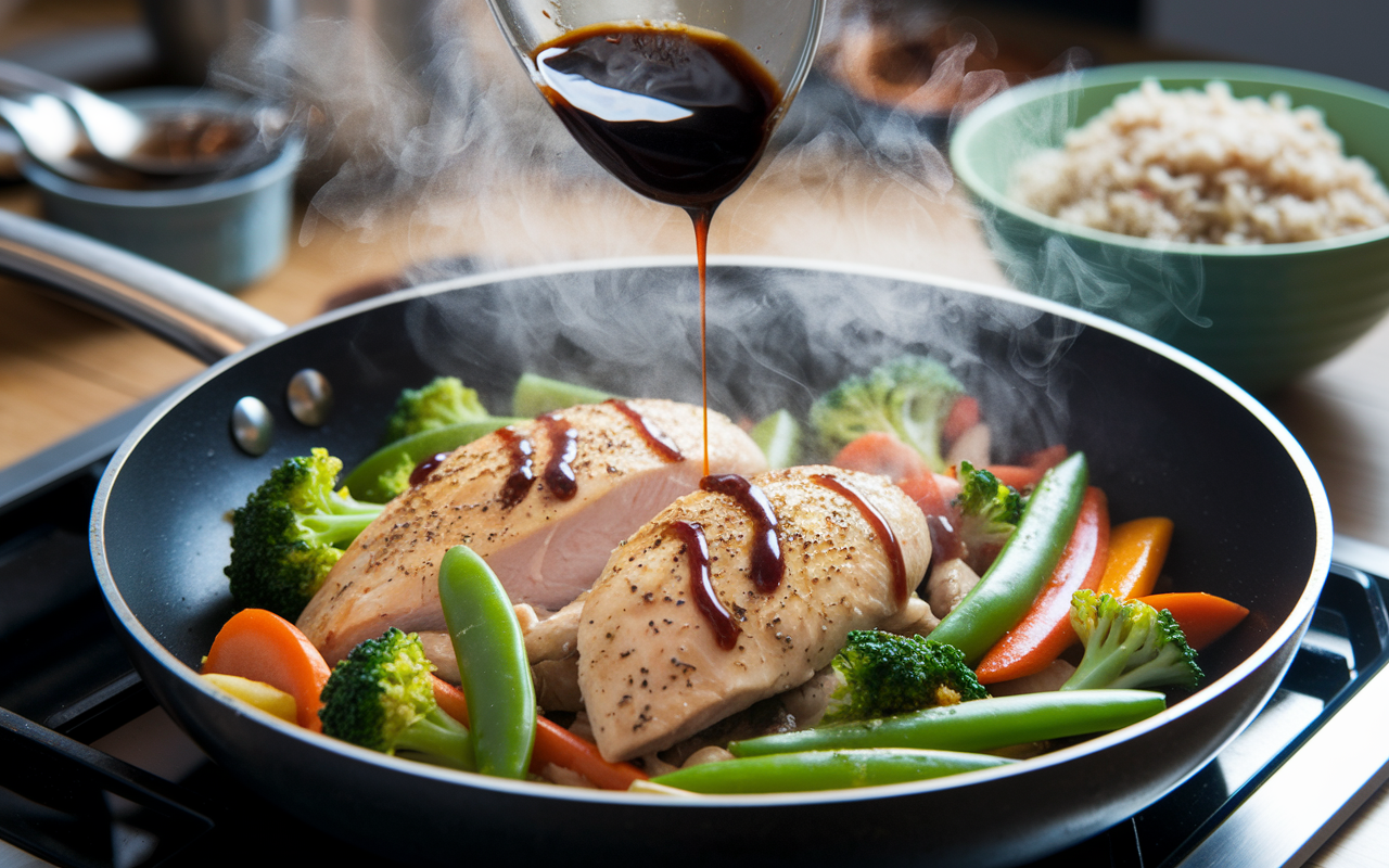 An action shot of a vibrant stir-fry cooking in a pan, featuring tender pieces of chicken breast alongside an array of colorful vegetables such as broccoli, carrots, and snap peas. Steam rises from the pan as soy sauce is being drizzled in, creating a mouthwatering scene. The kitchen environment is bustling, with utensils and a bowl of freshly cooked brown rice in the background, evoking a sense of quick, delicious meal preparation.